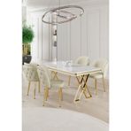 Canisa Rigel Serisi 80x130 cm Beyaz Mermer Desen Masa Takımı, Gold Ayaklı, 4 Krem Sandalye