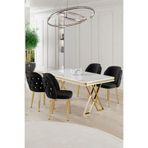 Canisa Rigel Serisi 80x130 cm Beyaz Mermer Desen Masa Takımı, Gold Ayaklı, 4 Siyah Sandalye