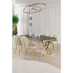 Canisa Rigel Serisi 80x130 cm Siyah Mermer Desen Masa Takımı, Gold Ayaklı, 4 Krem Sandalye