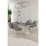 Canisa Rigel Serisi 80x130 cm Siyah Mermer Desen Masa Takımı, Krom Ayaklı, 4 Gri Sandalyeli