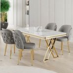 Canisa Rigel Serisi 80x130 Lak Panel Beyaz Mermer Desen Masa Takımı Gold Ayaklı 4 Sandalye - Gri