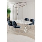 Canisa Rigel Serisi 80x132 cm Beyaz Mermer Desen Masa Takımı, Krom Ayaklı, 4 Antrasit Sandalye