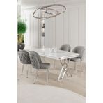 Canisa Rigel Serisi 80x132 cm Beyaz Mermer Desen Masa Takımı, Krom Ayaklı, 4 Gri Sandalye