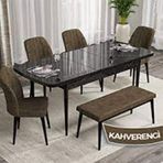 Canisa Rio Serisi 80x132 Açılabilir Mdf Siyah Mermer Desen 4 Kahverengi Sandalye ve 1 Bench Kahverengi Masa Takımı