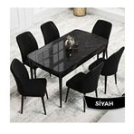 Canisa Rio Serisi 80x132 Açılabilir Mdf Siyah Mermer Desen Masa Takımı ve 6 Adet Siyah Sandalye