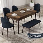 Canisa Roe Serisi 80x132 Açılabilir Barok Ahşap Desen Mutfak Masası Takımı ve 4 Antrasit Sandalye ve Antrasit 1 Bench