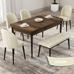 Canisa Roe Serisi 80x132 Açılabilir Barok Ahşap Desen Mutfak Masası Takımı ve 4 Krem Sandalye ve Krem 1 Bench