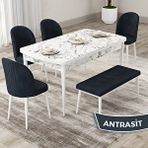 Canisa Roe Serisi 80x132 Açılabilir Beyaz Mermer Desen Mutfak Masası Takımı ve 4 Antrasit Sandalye ve Antrasit 1 Bench