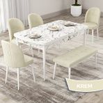 Canisa Roe Serisi 80x132 Açılabilir Beyaz Mermer Desen Mutfak Masası Takımı ve 4 Krem Sandalye ve Krem 1 Bench