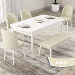 Canisa Roe Serisi 80x132 Açılabilir Beyaz Mutfak Masası Takımı ve 4 Krem Sandalye ve Krem 1 Bench