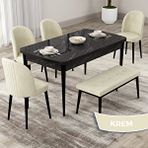 Canisa Roe Serisi 80x132 Açılabilir Siyah Mermer Desen Mutfak Masası Takımı ve 4 Krem Sandalye ve Krem 1 Bench