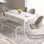 Canisa Roz Serisi 80x132 Açılabilir Beyaz Mermer Desen 4 Cappucino Sandalye ve 1 Bench Cappucino Masa Takımı