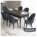 Canisa Roz Serisi 80x132 Açılabilir Siyah Mermer Desen Masa Takımı ve 6 Adet Antrasit Sandalye
