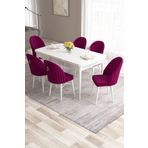 Canisa Roz Serisi 80x132 Mdf Açılabilir Beyaz Mutfak Masası Takımı 6 Gold Halkalı Mürdüm Sandalye