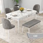 Canisa Rut Serisi 80x132 Açılabilir Beyaz Mermer Desen Mutfak Masası Takımı ve 4 Gri Sandalye ve Gri 1 Bench