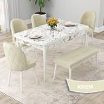 Canisa Rut Serisi 80x132 Açılabilir Beyaz Mermer Desen Mutfak Masası Takımı ve 4 Krem Sandalye ve Krem 1 Bench
