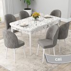Canisa Rut Serisi 80x132 Açılabilir Beyaz Mermer Desen Mutfak Masası Takımı ve 6 Adet Gri Sandalye