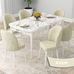 Canisa Rut Serisi 80x132 Açılabilir Beyaz Mermer Desen Mutfak Masası Takımı ve 6 Adet Krem Sandalye
