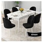 Canisa Rut Serisi 80x132 Açılabilir Beyaz Mermer Desen Mutfak Masası Takımı ve 6 Adet Siyah Sandalye