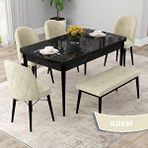 Canisa Rut Serisi 80x132 Açılabilir Siyah Mermer Desen Mutfak Masası Takımı ve 4 Krem Sandalye ve Krem 1 Bench