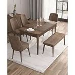 Canisa Taç Serisi 4 Sandalye Gümüş Halkalı 1 Bench Kahverengi 80x132 Açılabilir Barok Ahşap Desen Mutfak Masası Takımı