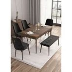 Canisa Taç Serisi 4 Sandalye Gümüş Halkalı 1 Bench Siyah 80x132 Açılabilir Barok Ahşap Desen Mutfak Masası Takımı
