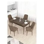 Canisa Taç Serisi 4 Sandalye Gümüş Halkalı Kahverengi 80x132 Açılabilir Barok Ahşap Desen Mutfak Masası Takımı