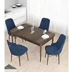 Canisa Taç Serisi 4 Sandalye Gümüş Halkalı Lacivert 80x132 Açılabilir Barok Ahşap Desen Mutfak Masası Takımı