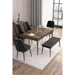 Canisa Taç Serisi 80x132 cm Açılabilir Barok Ahşap Desen 4 Sandalye Gold Halkalı 1 Bench Siyah Mutfak Masası Takımı