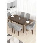 Canisa Taç Serisi 80x132 cm Açılabilir Barok Ahşap Desen 6 Sandalye Gümüş Halkalı Gri Mutfak Masası Takımı