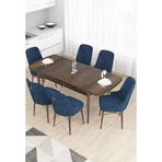 Canisa Taç Serisi 80x132 cm Açılabilir Barok Ahşap Desen 6 Sandalye Gümüş Halkalı Lacivert Mutfak Masası Takımı