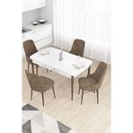Canisa Taç Serisi 80x132 cm Açılabilir Beyaz Masa Ceviz Ayak 4 Sandalye Gold Halkalı Kahverengi Mutfak Masası Takımı