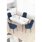 Canisa Taç Serisi 80x132 cm Açılabilir Beyaz Masa Ceviz Ayak 4 Sandalye Gold Halkalı Lacivert Mutfak Masası Takımı