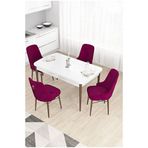 Canisa Taç Serisi 80x132 cm Açılabilir Beyaz Masa Ceviz Ayak 4 Sandalye Gold Halkalı Mürdüm Mutfak Masası Takımı