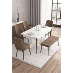 Canisa Taç Serisi 80x132 cm Açılabilir Beyaz Masa Ceviz Ayak 4 Sandalye Gümüş Halkalı 1 Bench Kahverengi Mutfak Masası Takımı