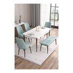 Canisa Taç Serisi 80x132 cm Açılabilir Beyaz Masa Ceviz Ayak 4 Sandalye Gümüş Halkalı 1 Bench Su Yeşili Mutfak Masası Takımı