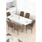 Canisa Taç Serisi 80x132 cm Açılabilir Beyaz Masa Ceviz Ayak 6 Sandalye Gold Halkalı Kahverengi Mutfak Masası Takımı