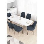 Canisa Taç Serisi 80x132 cm Açılabilir Beyaz Masa Ceviz Ayak 6 Sandalye Gümüş Halkalı Antrasit Mutfak Masası Takımı