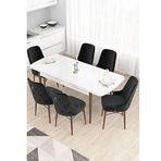 Canisa Taç Serisi 80x132 cm Açılabilir Beyaz Masa Ceviz Ayak 6 Sandalye Gümüş Halkalı Siyah Mutfak Masası Takımı