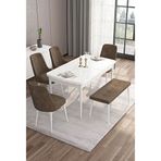 Canisa Taç Serisi Beyaz 80x132 cm Açılabilir 4 Sandalye Gümüş Halkalı 1 Bench Kahverengi Mutfak Masa Takımı