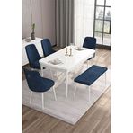 Canisa Taç Serisi Beyaz 80x132 cm Açılabilir 4 Sandalye Gümüş Halkalı 1 Bench Lacivert Mutfak Masa Takımı