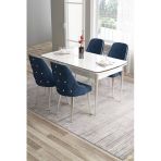 Canisa Tia Serisi 80X132 Açılabilir Mdf Beyaz Krom Detay Yemek Masası Takımı Ve 4 Lacivert Sandalye