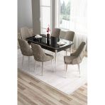 Canisa Tia Serisi 80X132 Açılabilir Mdf Siyah Mermer Krom Detay Yemek Odası Takımı Ve 6 Cappucino Sandalye