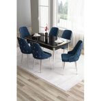 Canisa Tia Serisi 80X132 Açılabilir Mdf Siyah Mermer Krom Detay Yemek Odası Takımı Ve 6 Lacivert Sandalye