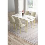 Canisa Tia Serisi Mdf 80x132 Açılabilir Beyaz Gold Detay Yemek Masası Takımı Ve 4 Krem Sandalye
