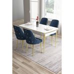 Canisa Tia Serisi MDF 80x132 cm Açılabilir Beyaz Gold Detaylı Yemek Masası Takımı, 4 Lacivert Sandalye