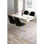 Canisa Tia Serisi MDF 80x132 cm Açılabilir Beyaz Gold Detaylı Yemek Masası Takımı, 4 Siyah Sandalye