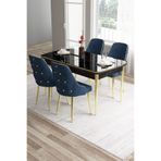 Canisa Tia Serisi Siyah Mermer 80x132 cm Açılabilir Yemek Odası Takımı, 4 Lacivert Sandalye, Gold Detay