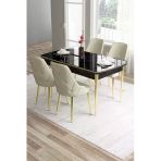 Canisa Tia Serisi, Siyah Mermer Desen 80X132 Açılabilir Mdf Yemek Odası Takımı 4 Krem Sandalye Gold Detay