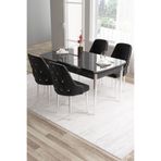 Canisa Tia Serisi Siyah Mermer Desen 80x132 cm Açılabilir Yemek Odası Takımı, 4 Siyah Sandalye, Gümüş Detay